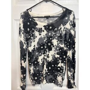 GEORGE Women's Floral Print Cardigan Sweater Black Gray Ivory M Medium Knit V